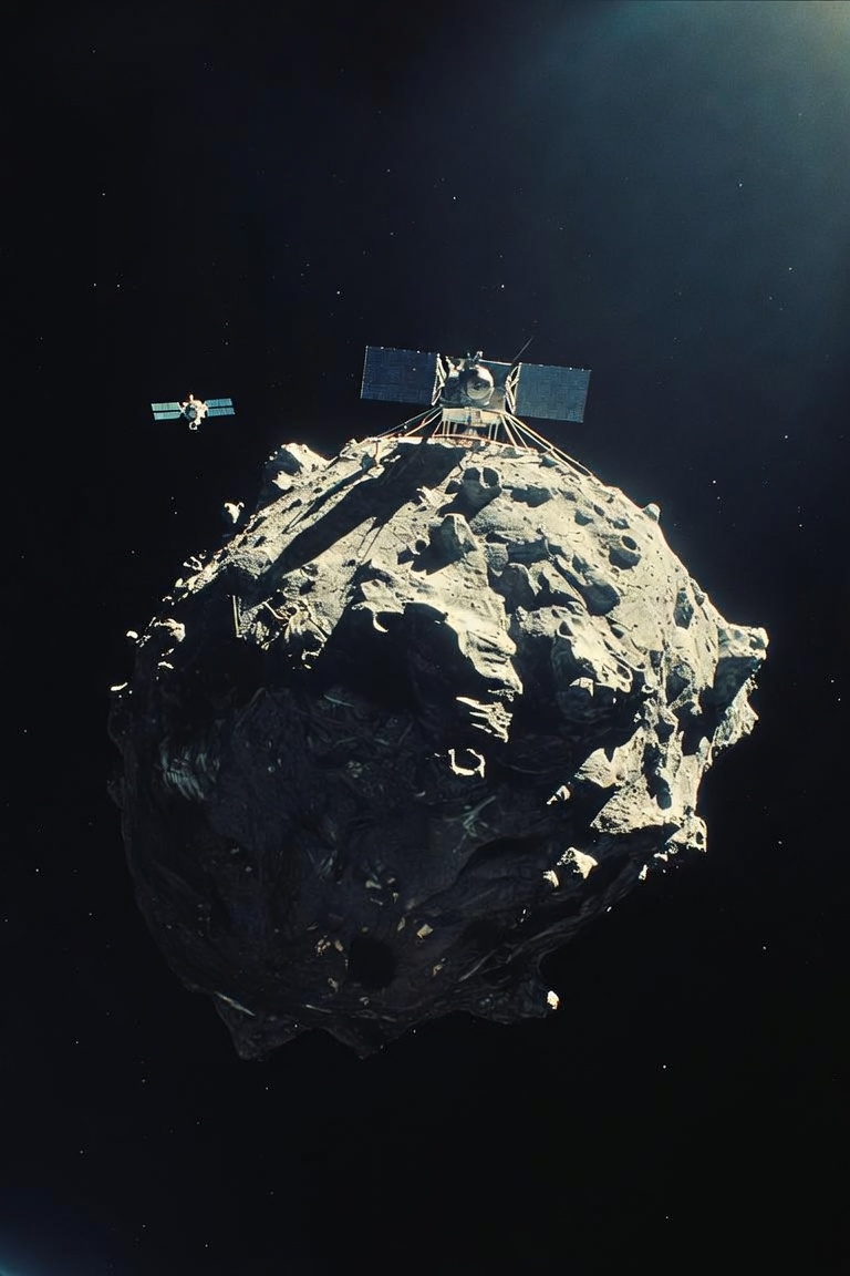 A spacecraft approaching a metal asteroid