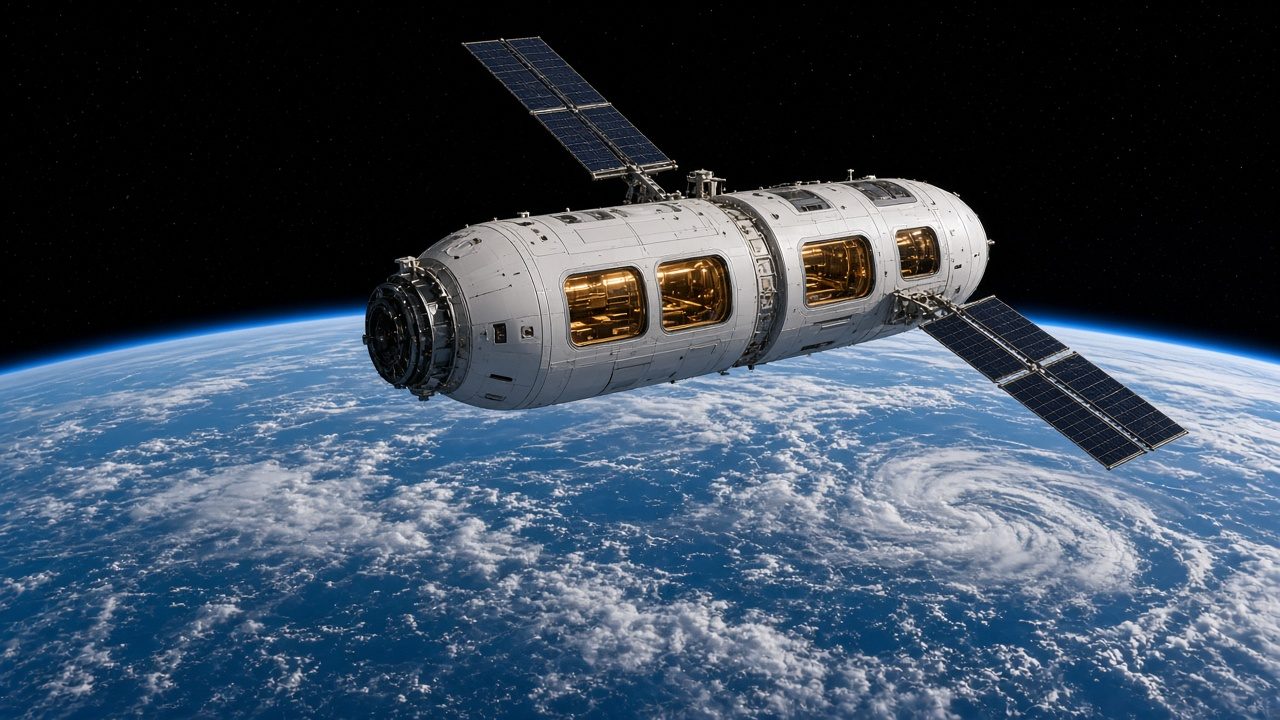 A luxurious orbital hotel module with large glowing windows facing the blue curve of Earth below, solar arrays extending into the darkness of space.